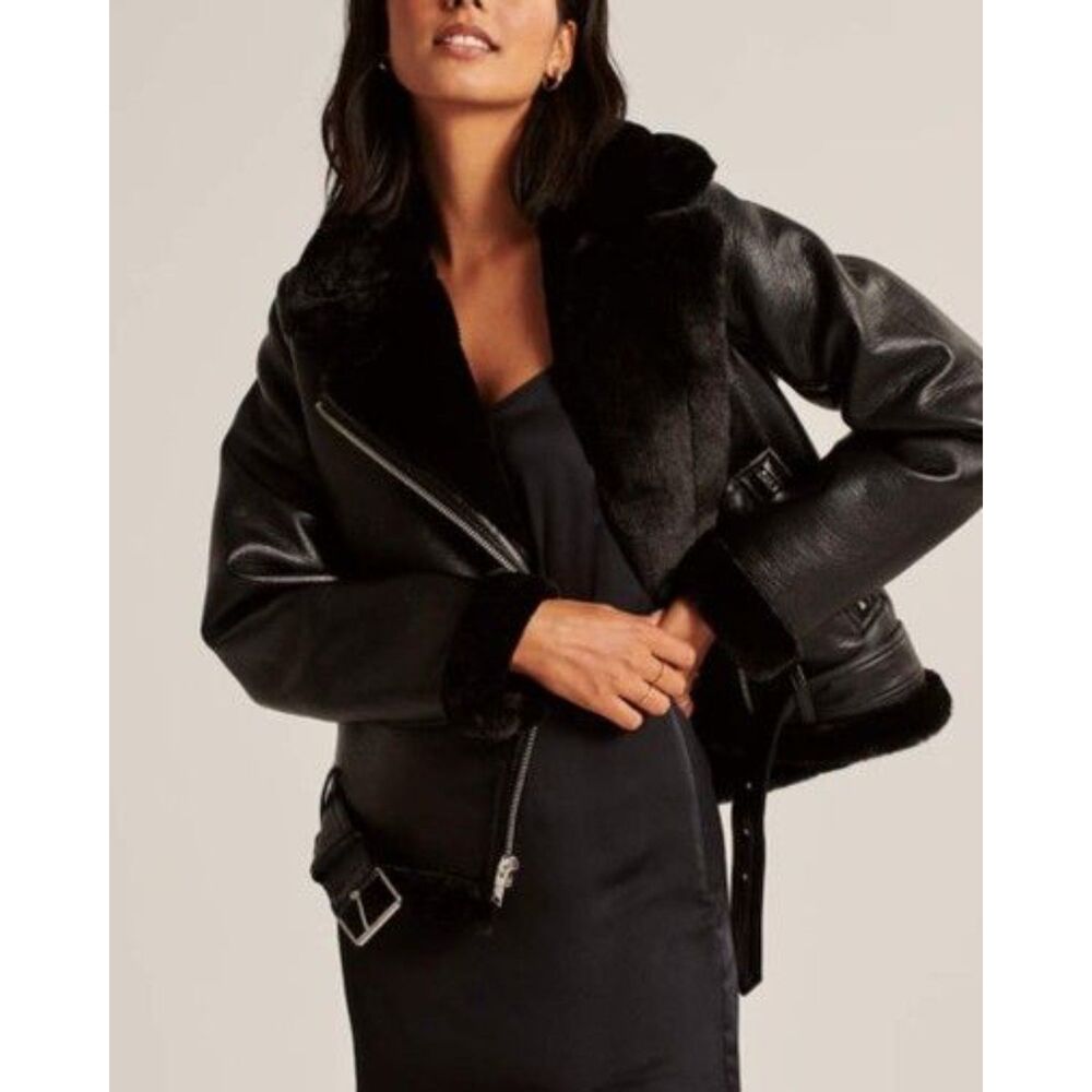 Abercrombie & Fitch Vegan Leather Aviator Moto Jacket - Faux Fur Lined Belted